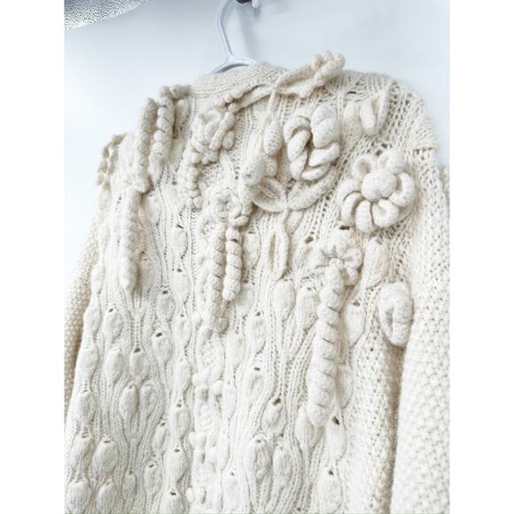 Ulla Johnson Cream 3D Floral Alpaca Cable Knit Embellished Cardigan Sweater - Picture 5 of 8